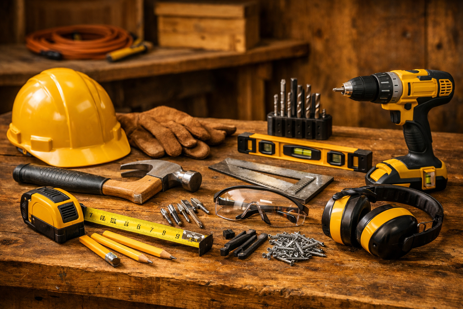 Organized tool kit with hard hat, gloves, hammer, and drill on a workbench — K & T Contracting LLC