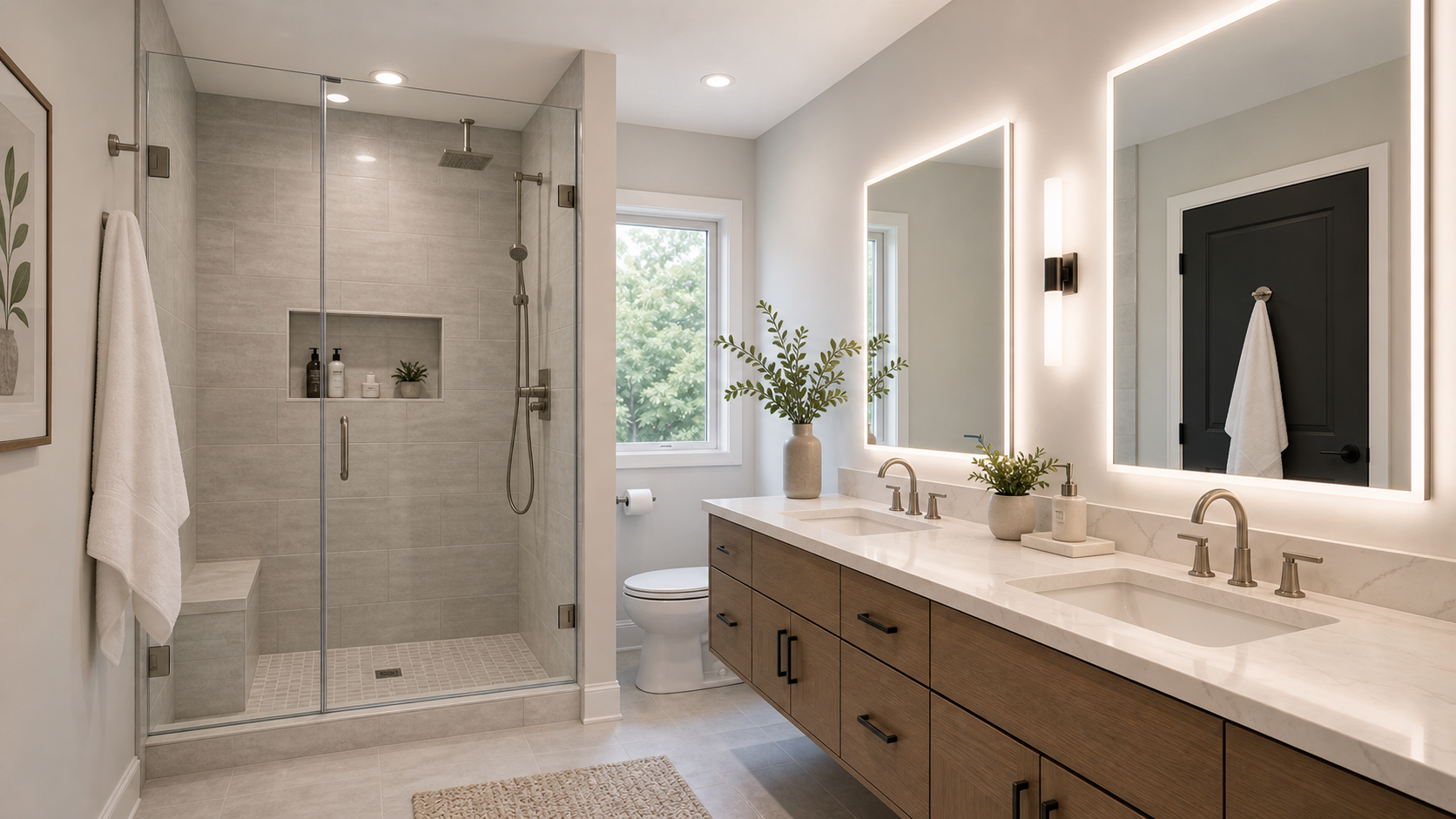 Luxury bathroom renovation with glass shower and marble vanity by K & T Contracting LLC