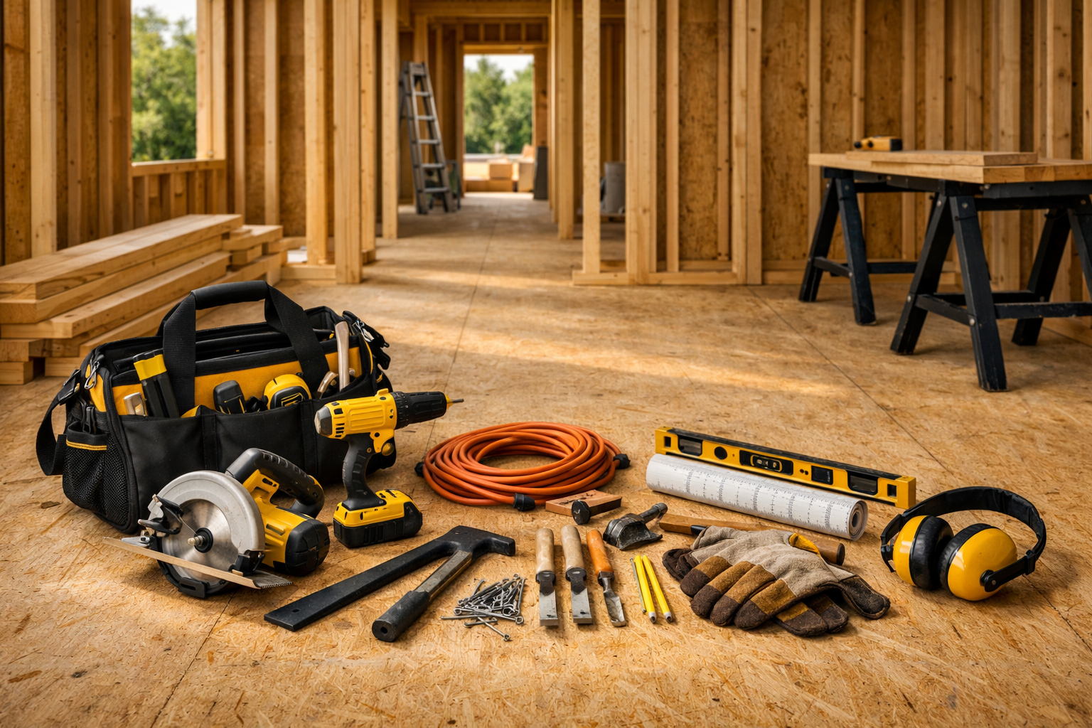 Construction tools laid out on job site floor inside framed structure — K & T Contracting LLC